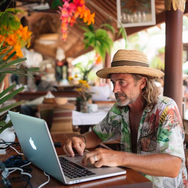 man working at laptop at thai beach bar
