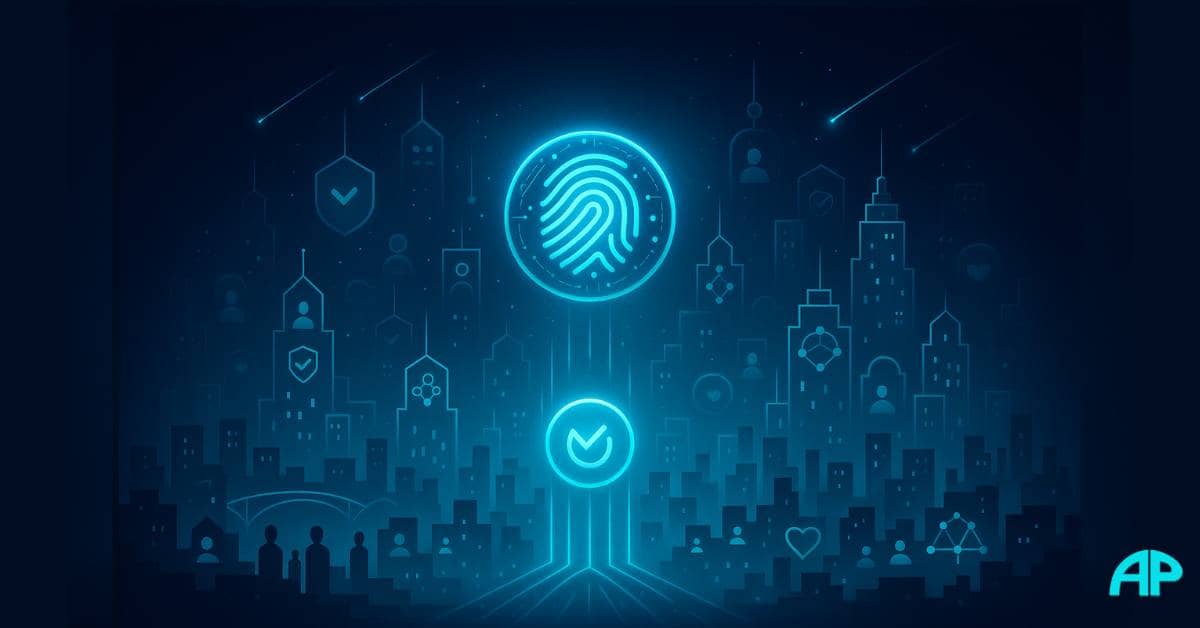 Futuristic cityscape glowing with branding icons, trust signals, and a radiant fingerprint orb, symbolizing the power of brand.
