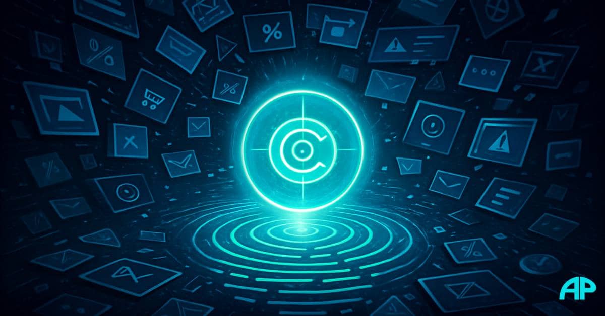 A glowing turquoise sphere radiates clarity in a chaotic digital vortex, symbolizing the power of brand.