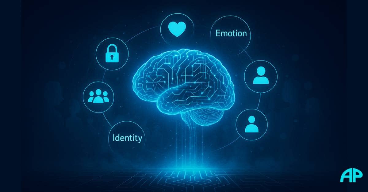Glowing digital brain with orbiting icons for trust, emotion, identity, and belonging, symbolizing the power of brand.