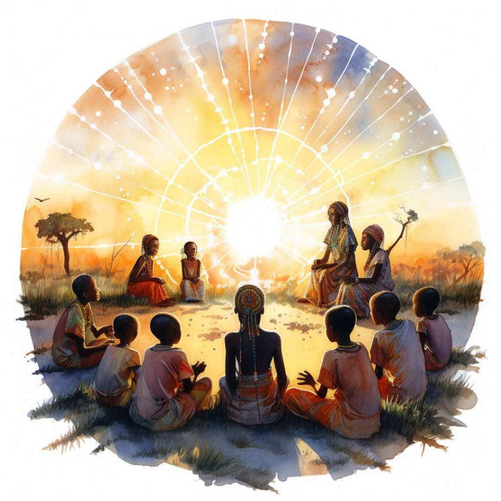 Ubuntu-Children sun sets across the field in the east zambia indigenous country