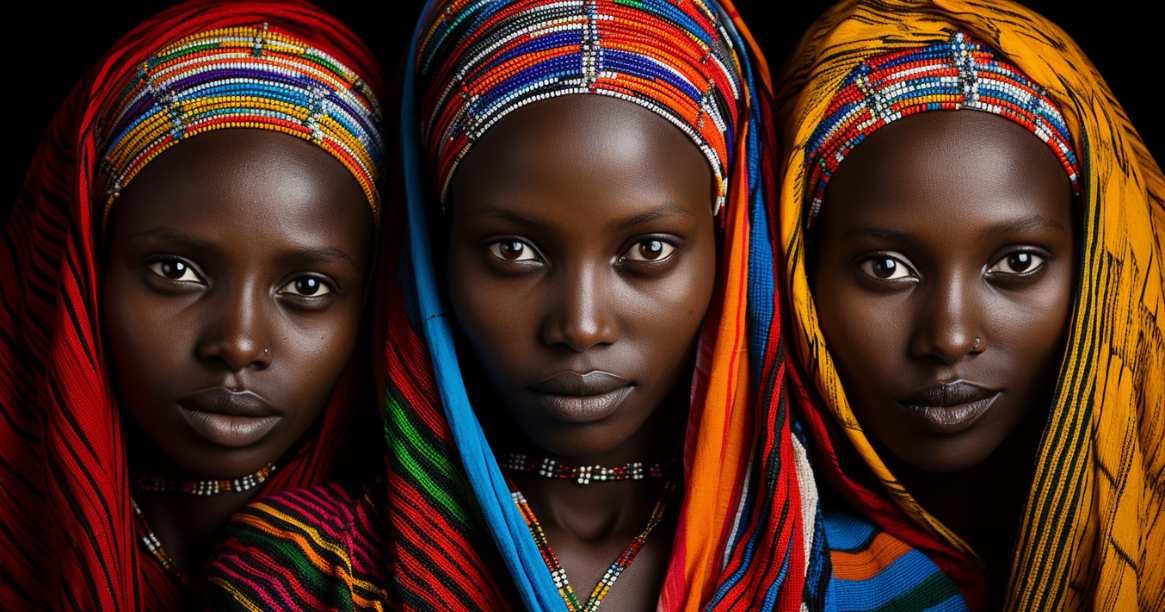 three African women in colorful headdresses