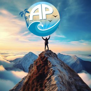 Power Of Brand Guy standing on mountain holding logo. Understands Power of brand.
