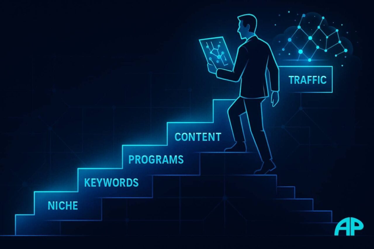 A digital staircase labeled with phases of the best affiliate marketing business model: niche, keywords, programs, content, traffic, and scale.