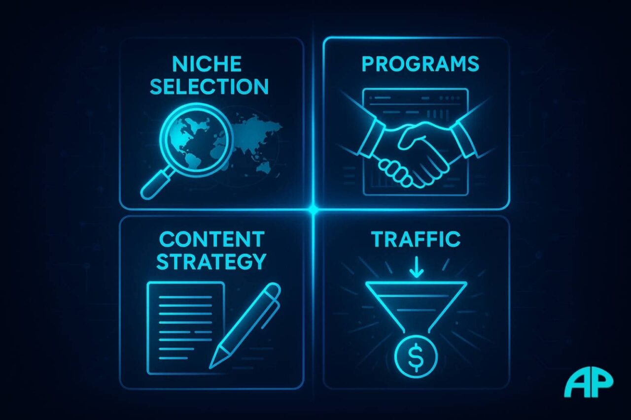 A glowing 4-quadrant infographic illustrating the best affiliate marketing business model with niche, programs, content, and traffic.