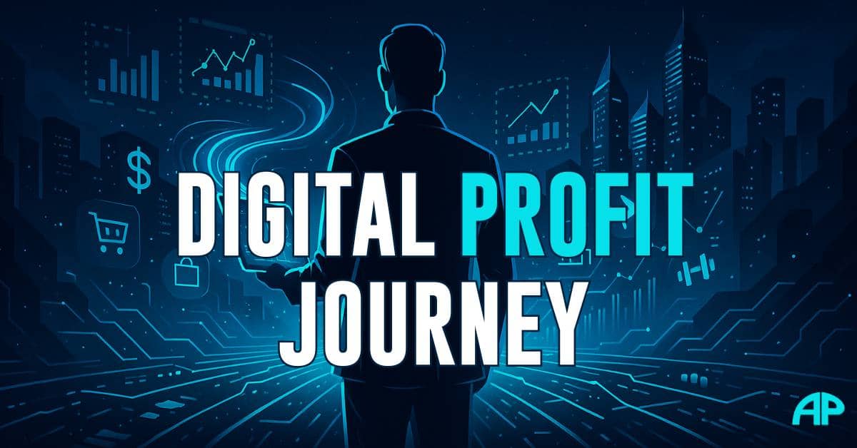 Digital Profit Journey artwork featuring a business person standing in a futuristic cityscape with glowing turquoise graphics, symbolizing getting started in affiliate marketing.