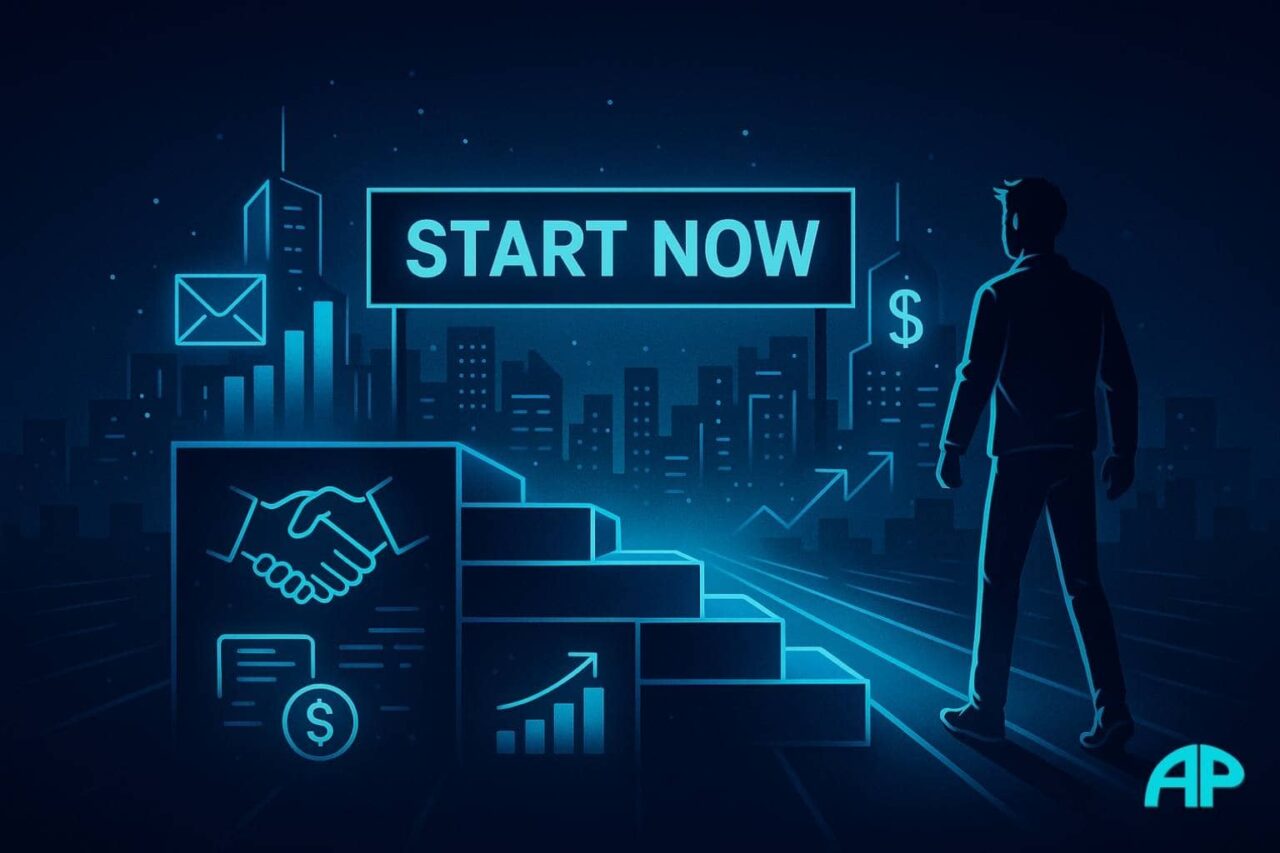 A person steps toward a glowing "START NOW" banner with a futuristic city of digital opportunity ahead, symbolizing the best affiliate marketing business model.