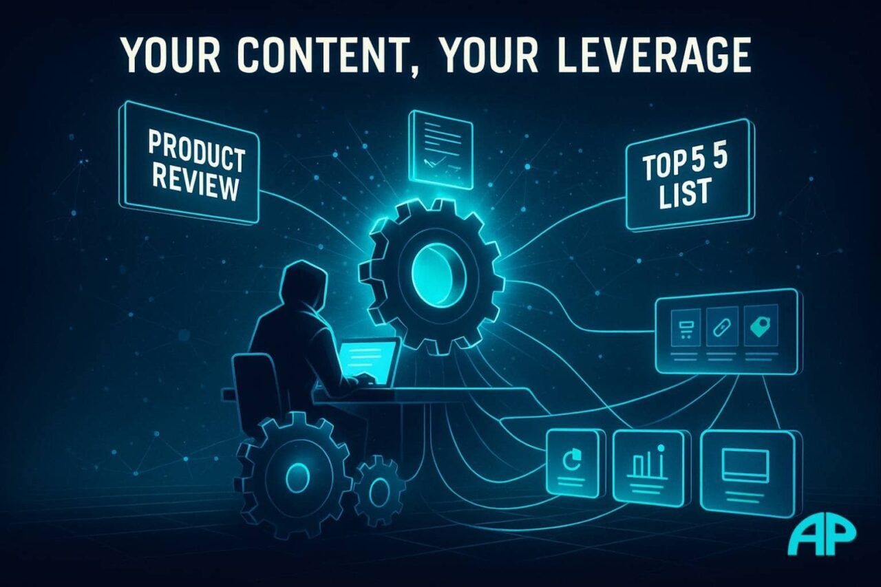 Gears turning inside a glowing digital interface, powering floating cards labeled “Product Review,” “How-To Guide,” and “Top 5 List,” all connected by turquoise threads to affiliate products on displa