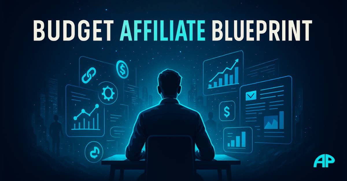 Affiliate Marketing on a Tight Budget Man working at a laptop surrounded by glowing affiliate marketing icons, with digital graphs and charts in neon blue, illustrating Affiliate Marketing on a Tight Budget.