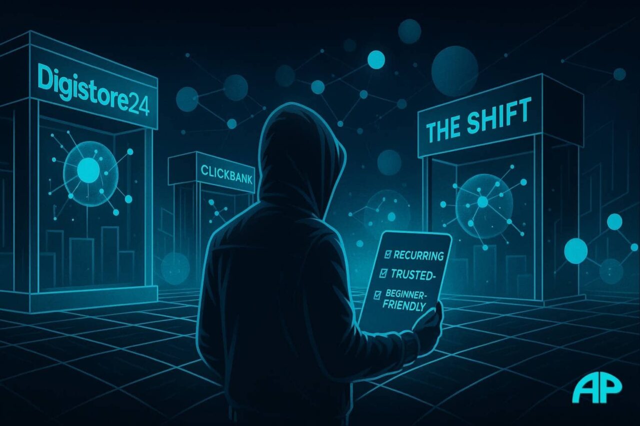 Affiliate Marketing on a Tight Budget — a hooded figure explores a glowing digital marketplace with booths for Digistore24, ClickBank, and The Shift.