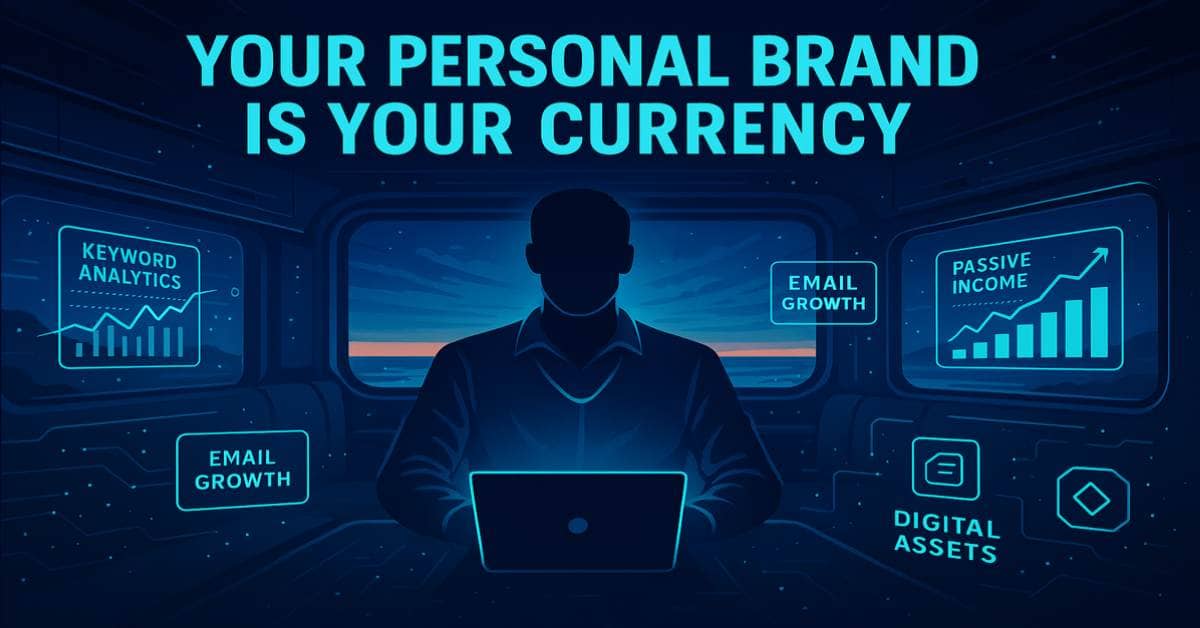A futuristic digital entrepreneur working inside a high-tech motorhome with glowing holographic data panels, symbolizing the power of building a personal brand.