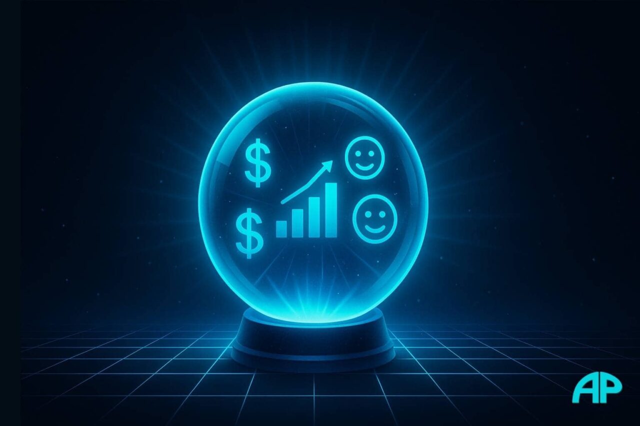 Futuristic digital crystal ball glowing electric blue, floating above a neon grid floor, with icons of dollar signs, bar charts, and smiling faces inside, symbolizing clarity and insight
