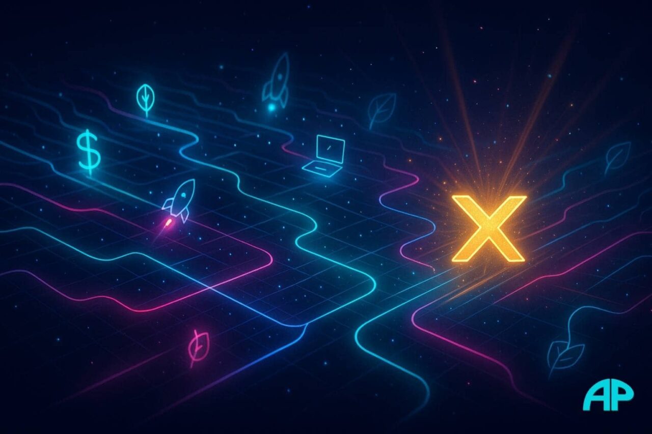 Futuristic neon treasure map with glowing turquoise, blue, magenta, and pink grid lines converging toward a radiant golden X, surrounded by holographic icons like dollar signs, rockets, laptops, and leaves, symbolizing a profitable niche.