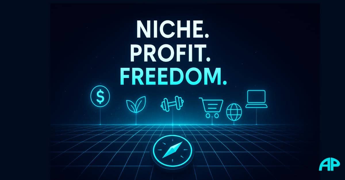 Futuristic digital artwork visualizing choosing a profitable niche as a neon grid landscape with glowing icons for profit, sustainability, fitness, online business, e-commerce, and travel, under the bold title “Niche. Profit. Freedom.”