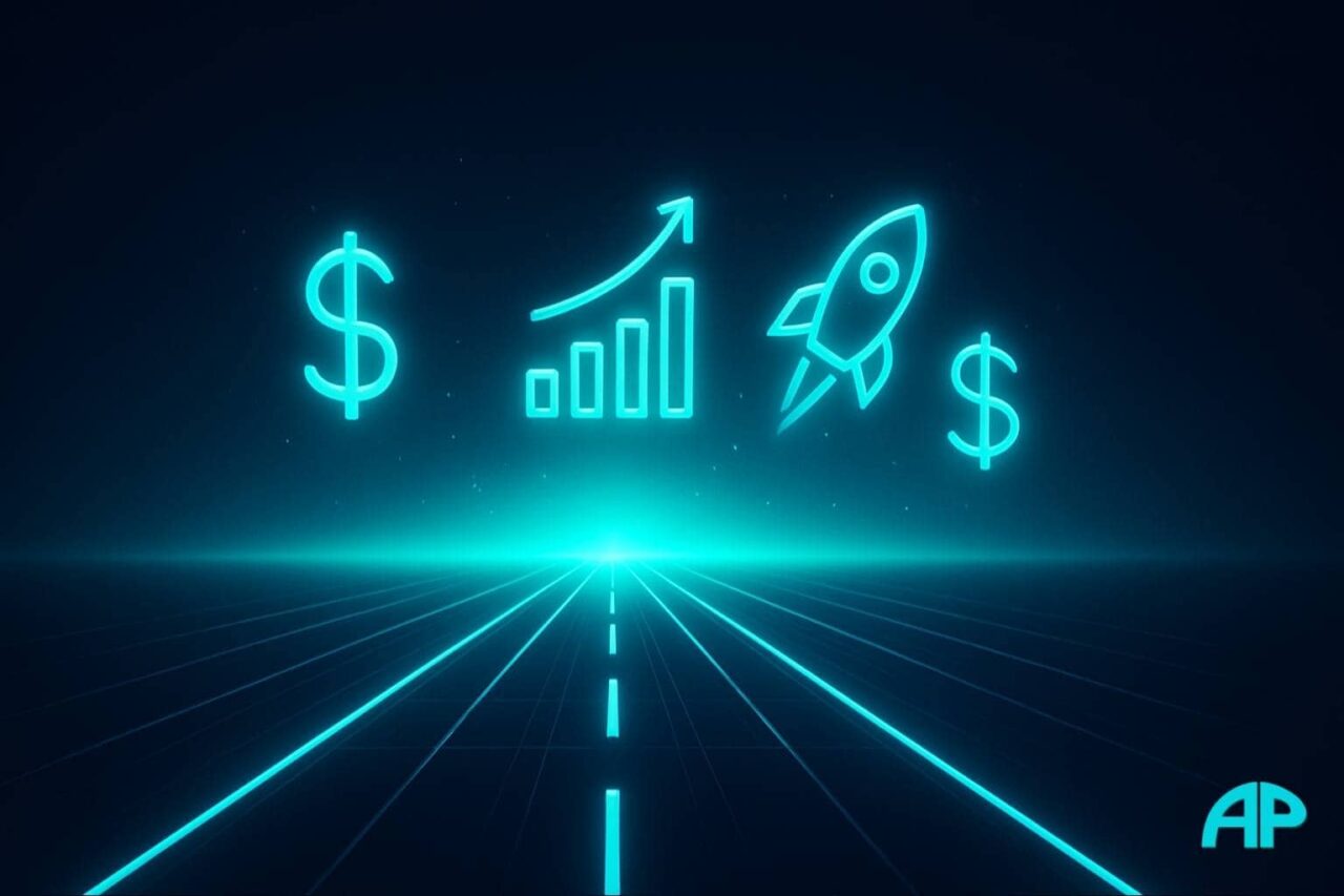 Futuristic neon highway stretching into a turquoise horizon, with floating glowing icons like dollar signs, bar charts, and a rocket above the road, symbolizing choosing a profitable niche and business growth, set against a dark navy background.