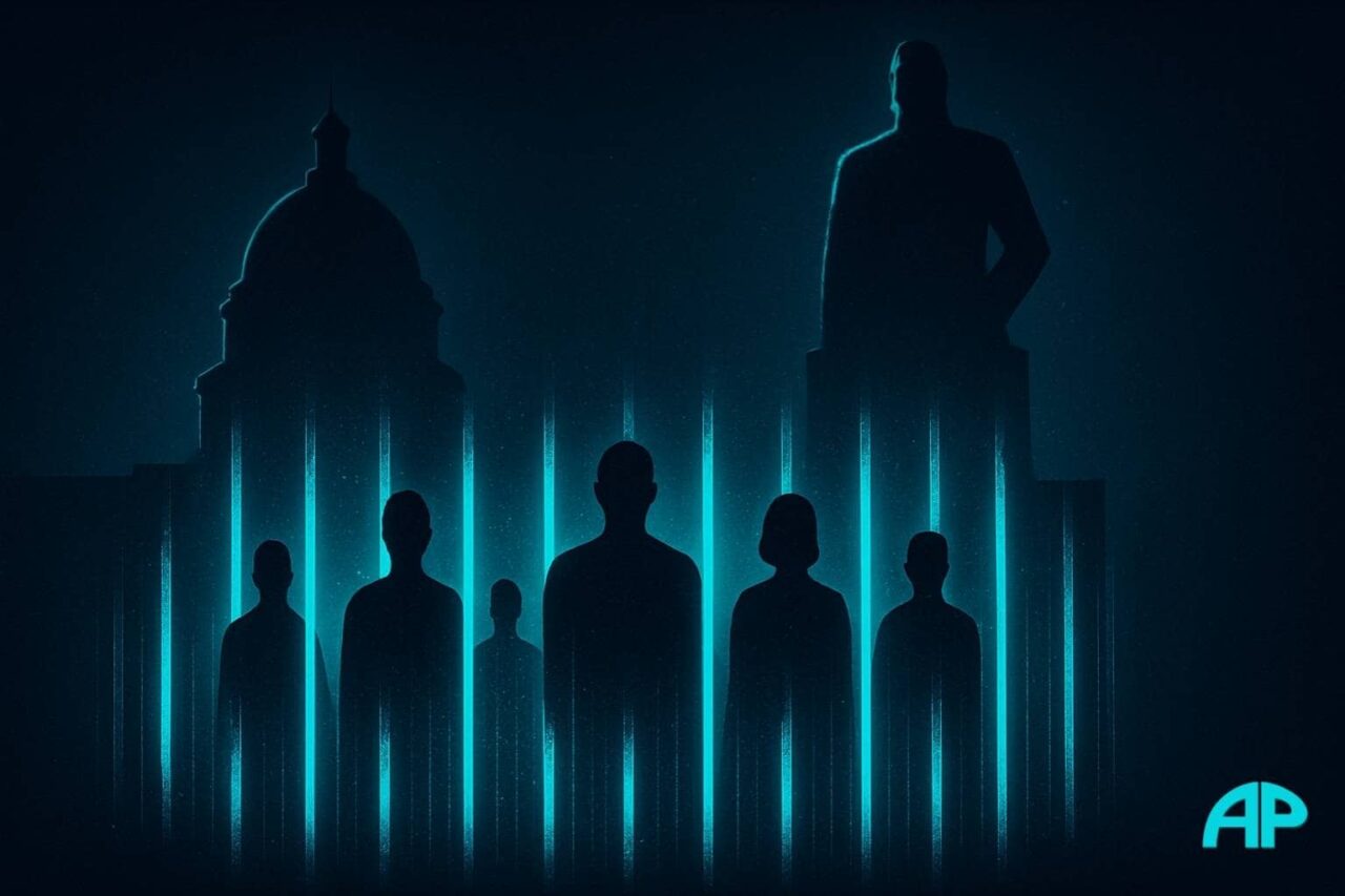 Digital artwork showing dark silhouettes of people behind glowing turquoise digital bars, symbolizing loss of freedom, with looming government buildings and authoritarian statues highlighted in neon cyan, representing power and control.