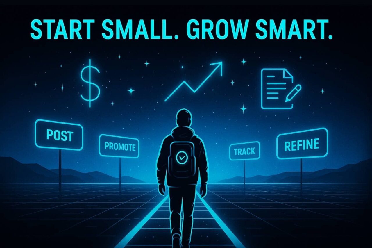 Affiliate Marketing on a Tight Budget — a lone figure walks a glowing turquoise path through a futuristic landscape, guided by neon signs and digital constellations symbolizing low-cost growth strategies.