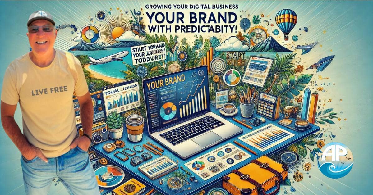 Professional workspace with a laptop showcasing digital assets, surrounded by adventure elements like maps and backpacks, with the words "YOUR BRAND :: YOUR FUTURE!" and "Start Your Journey Today!