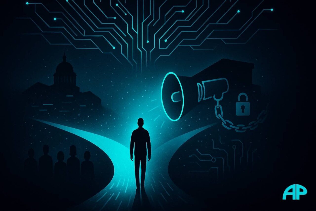 Digital artwork showing a lone silhouette standing at a glowing turquoise path that splits in two directions: one side open and bright, the other shadowed with digital chains, surveillance icons, and circuitry, representing humanity’s choice between freedom and control.