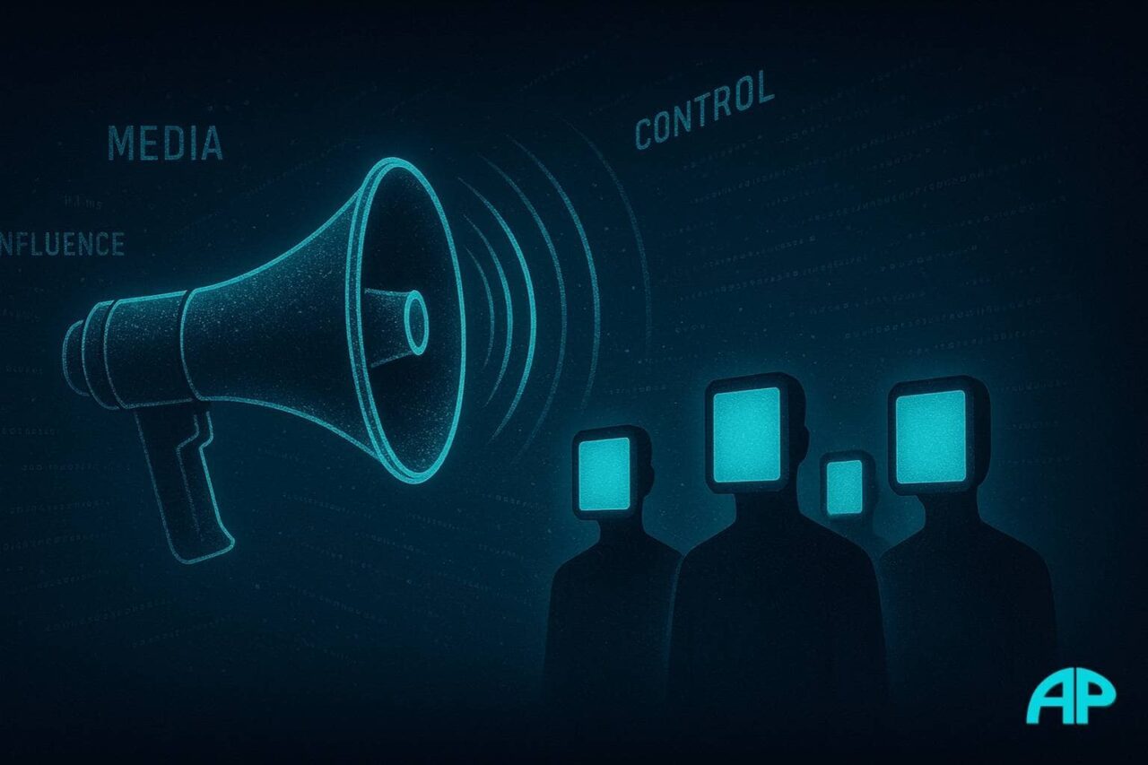 Digital artwork depicting a glowing turquoise megaphone broadcasting data waves toward silhouetted figures with glowing screen faces, symbolizing media influence and narrative control, on a deep navy background with neon cyan code fragments.