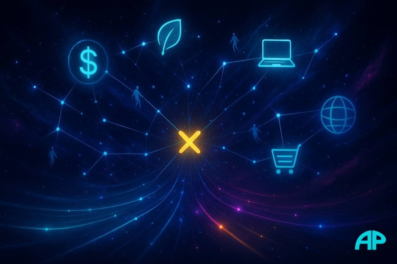 Cosmic digital constellation map in vibrant neon colors, featuring glowing niche icons like a dollar sign, leaf, dumbbell, laptop, shopping cart, and globe, connected by electric blue lines and swirling particle trails converging on a bright golden X, symbolizing choosing the right niche.