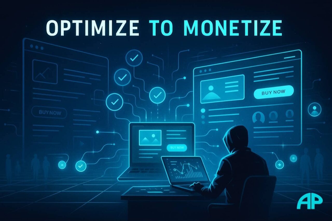 Hooded figure reviews glowing affiliate program options in a neon-lit digital bazaar.