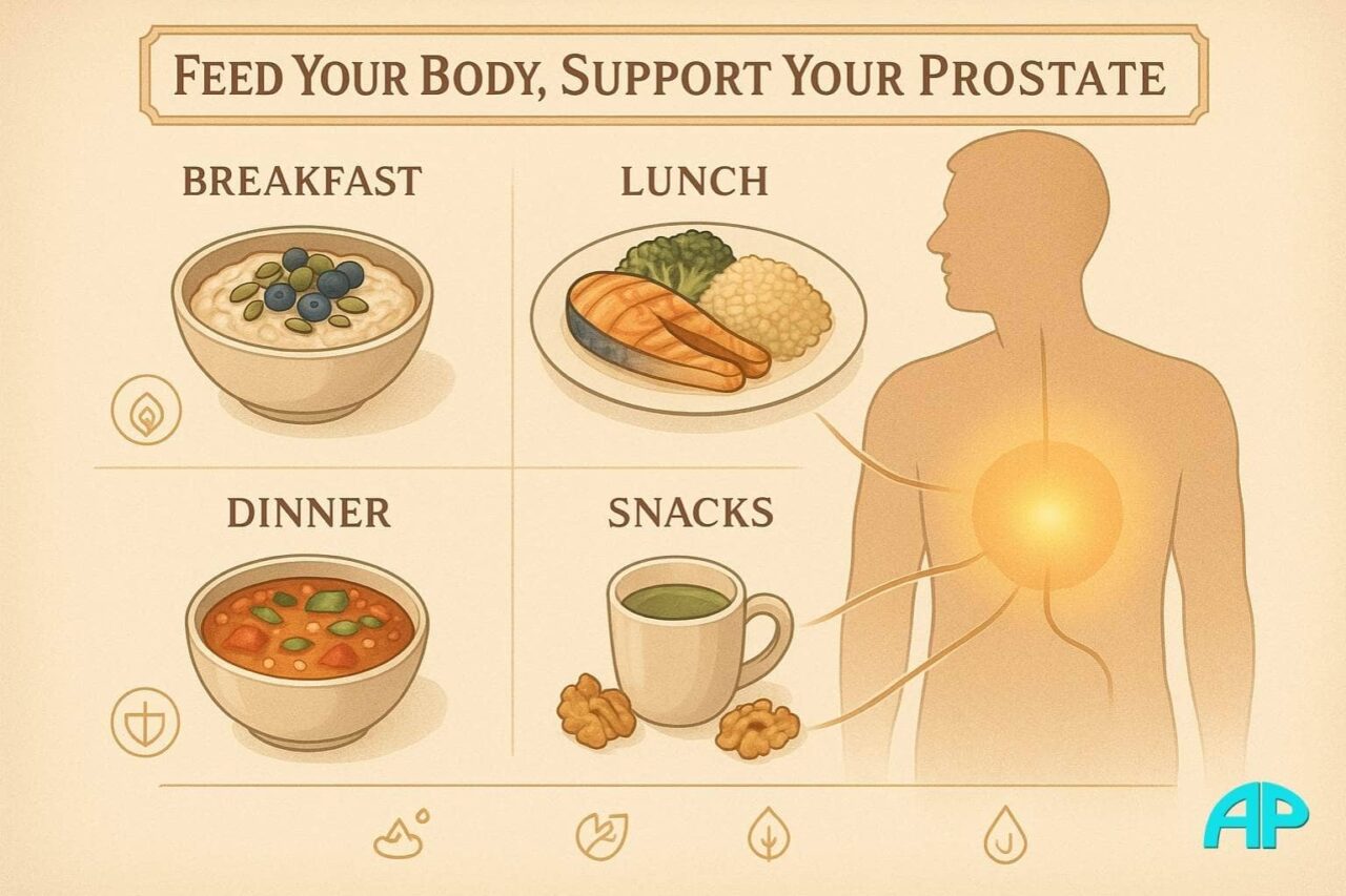 One-day prostate-friendly meal plan with illustrated healthy meals and nutrient benefits