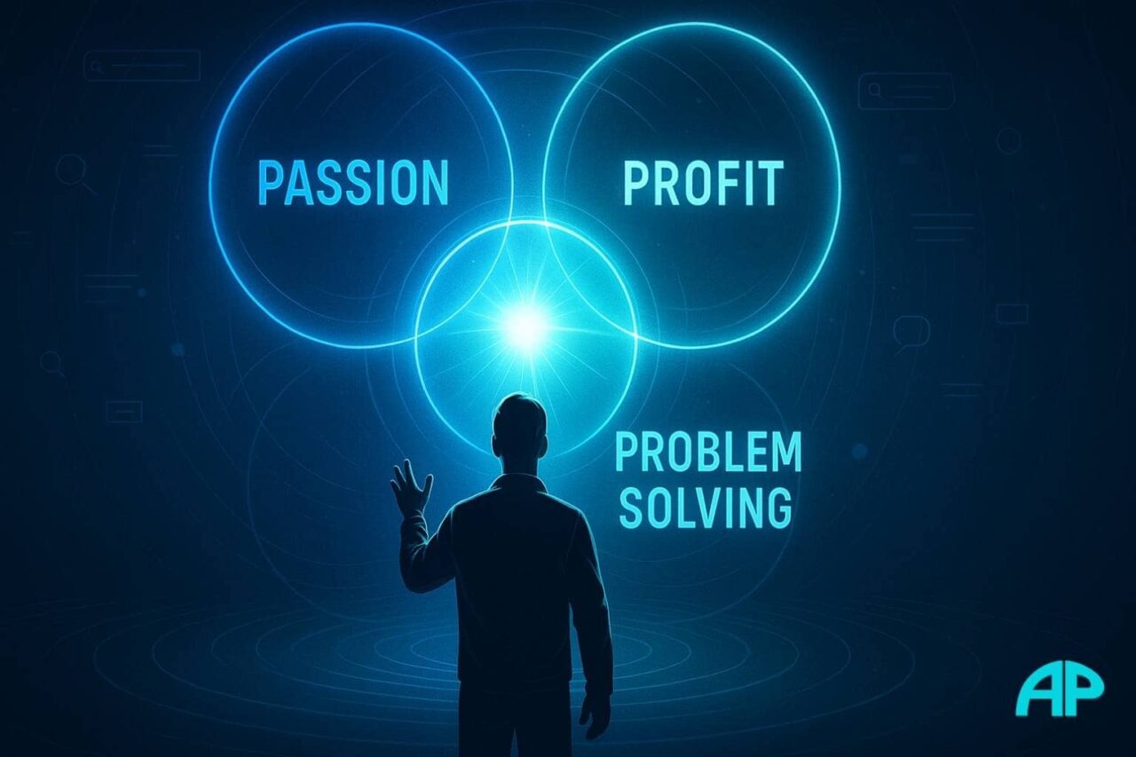 Futuristic figure reaches toward glowing spheres of Passion, Profit, and Problem Solving—choosing a niche in starting-an-affiliate-marketing-business.