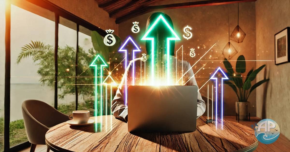 Starting an Affiliate Marketing Business: A Cozy Workspace with Growth Symbols A person confidently working on a laptop, surrounded by symbols of growth like graphs and dollar signs, representing starting an affiliate marketing business.