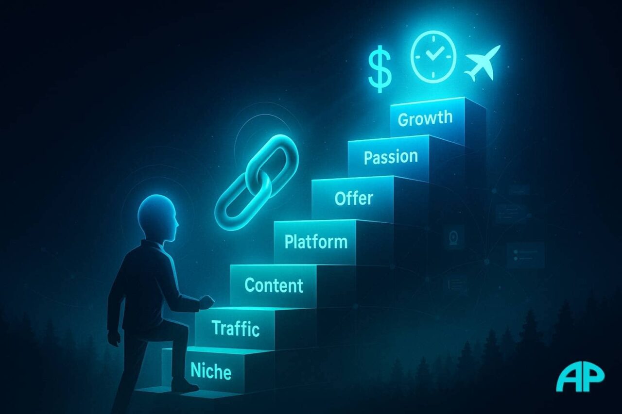 A digital staircase labeled with key affiliate steps glows upward toward a sky of freedom icons, symbolizing the journey of starting-an-affiliate-marketing-business.