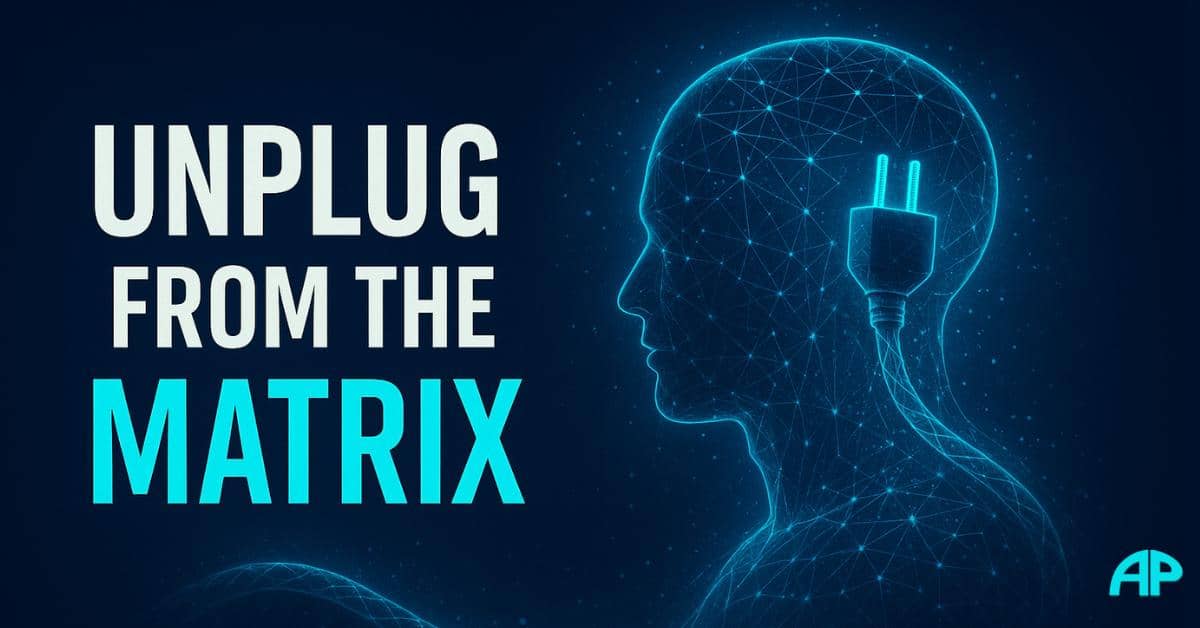 Digital illustration of a glowing human head unplugging from a matrix-like system with the phrase "Unplug from the Matrix" in bold neon turquoise text on a deep navy background.