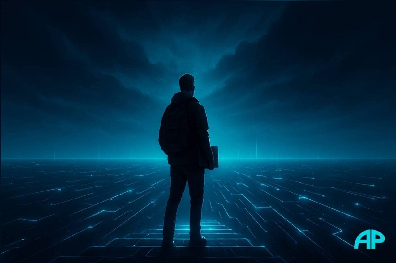 Digital traveler stands on a glowing ridge, laptop in hand, gazing over a radiant tech grid of endless paths — starting-an-affiliate-marketing-business.