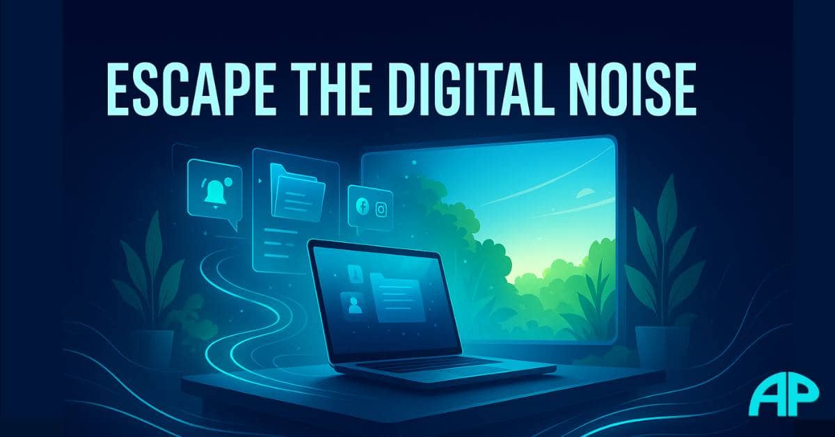 Futuristic minimalist workspace symbolizing digital decluttering for freedom, with glowing laptop, vanishing icons, and a serene nature view.