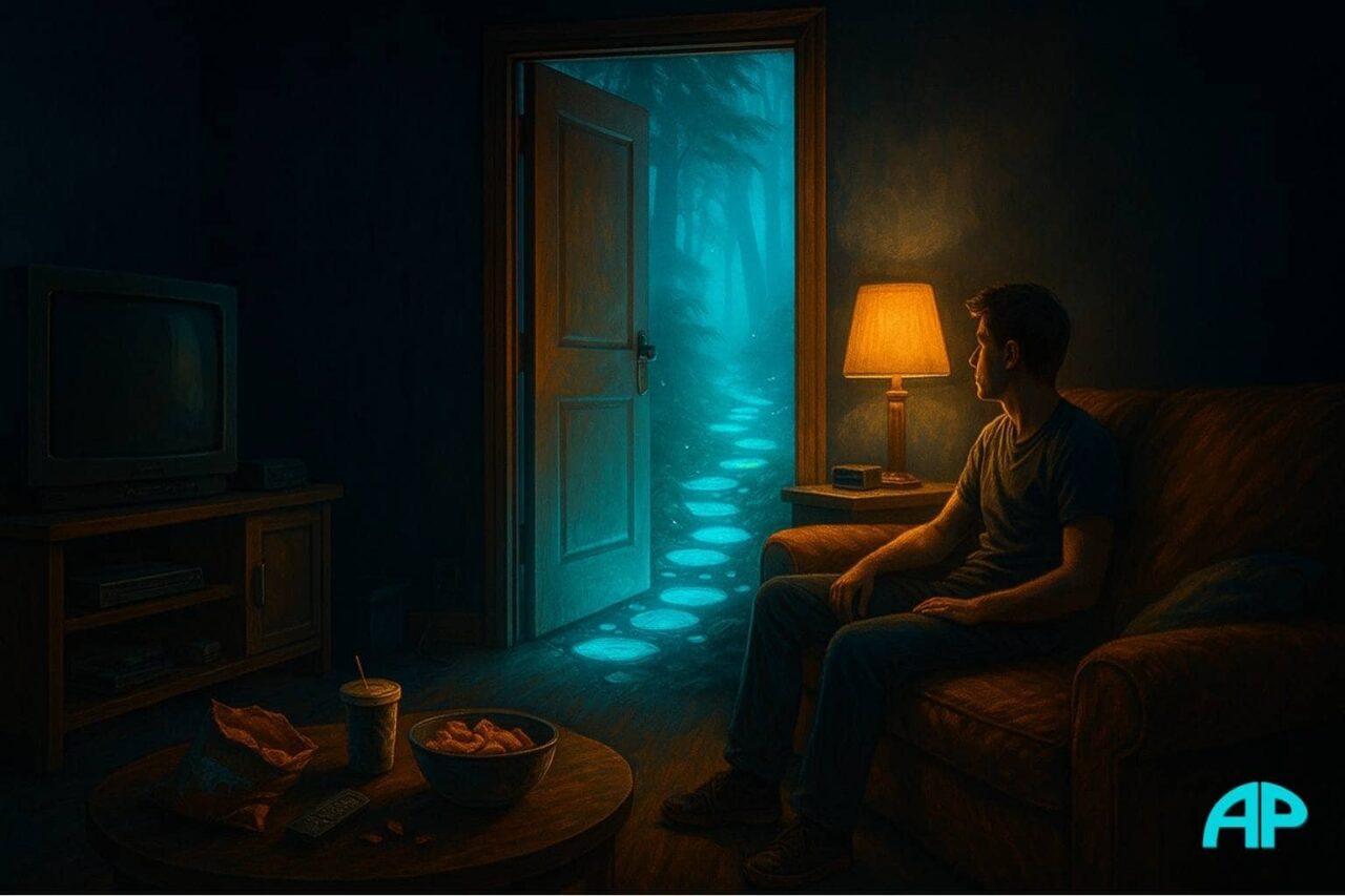 A man sits in a dimly lit, cluttered room staring toward a glowing turquoise path that leads through a mysterious forest beyond an open door.