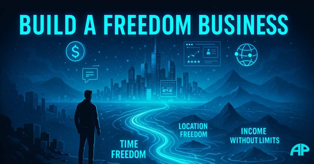#1 Freedom Business in 2025 A lone figure stands at the edge of a cliff, overlooking a glowing digital path toward a futuristic city, with bold text reading “Build a Freedom Business.” Floating icons and labeled islands highlight time freedom, location freedom, and income without limits — visually representing the #1 Freedom Business in 2025.