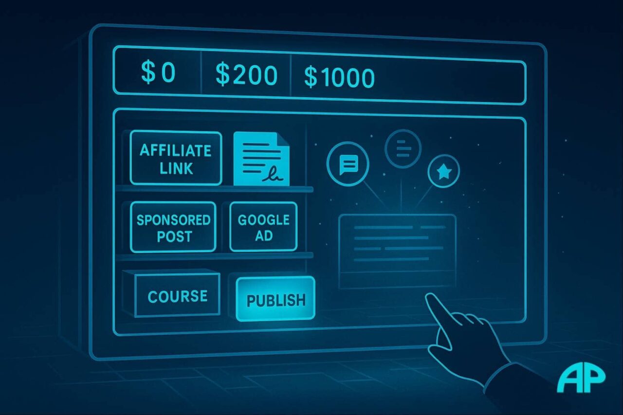 A futuristic vending machine displays monetization tools like affiliate links and sponsored posts for blogging for beginners.