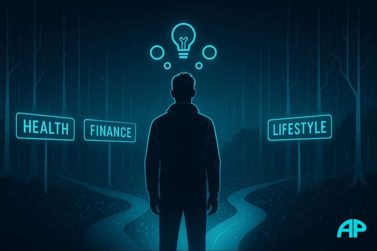 A blogger at a fork in a digital forest chooses a niche for their new blog, with glowing signs for “Health,” “Finance,” and “Lifestyle.” Ideal for a “blogging for beginners” journey, the scene features turquoise idea bubbles and a lit path symbolizing clarity in niche selection.