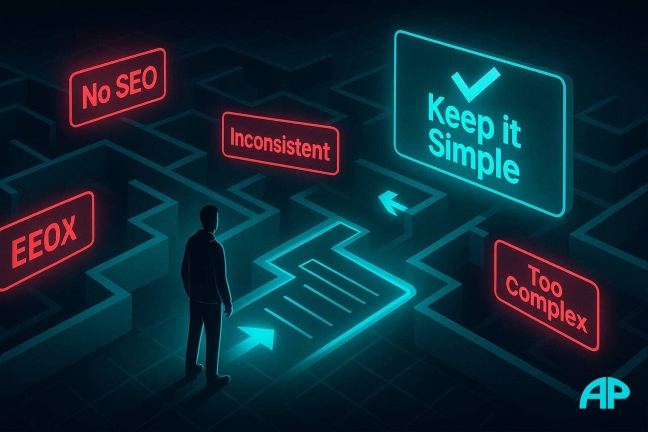 A blogger stands in a digital maze surrounded by error signs like “No SEO” and “Too Complex,” facing a glowing exit sign that says “Keep it Simple.”