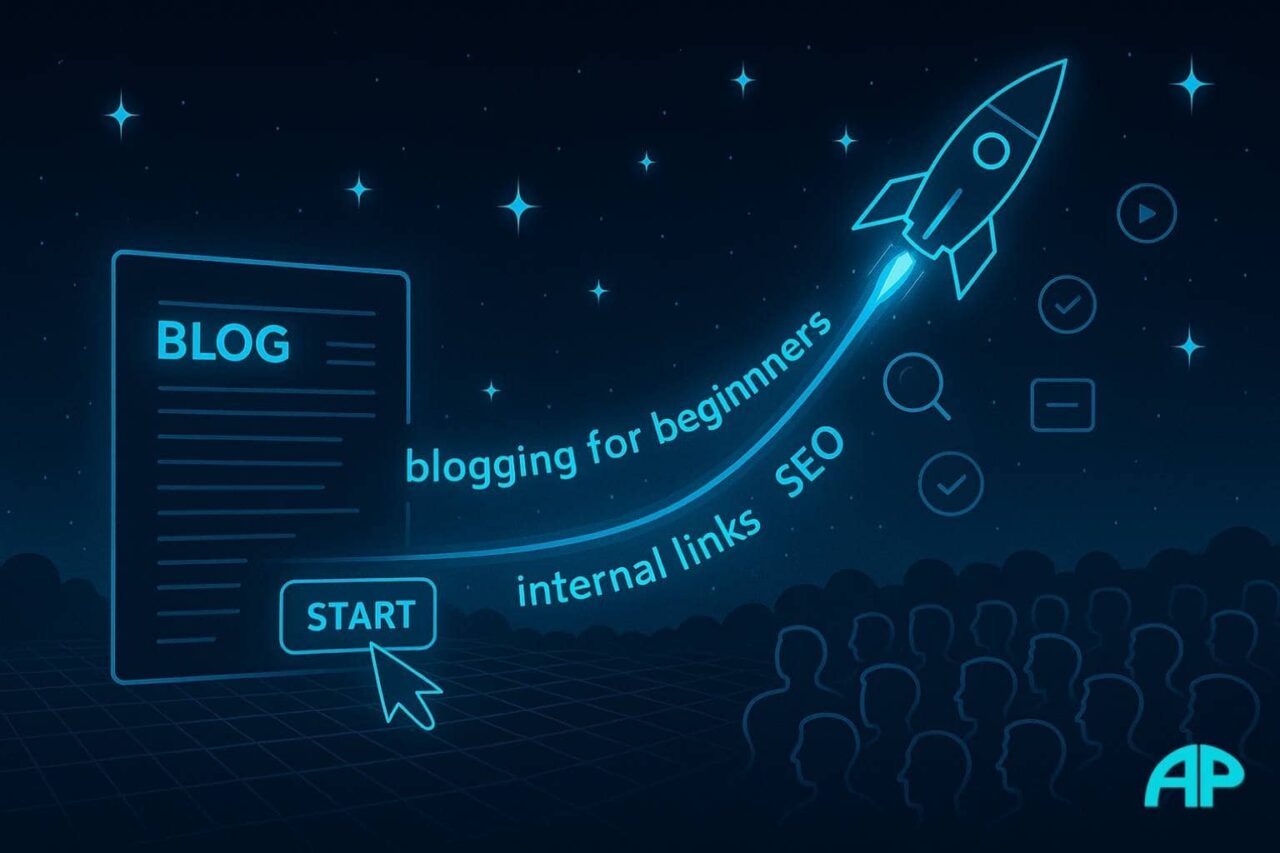 A rocket cursor launches from a blog post titled “Blogging for Beginners,” trailing keywords like SEO and internal links.