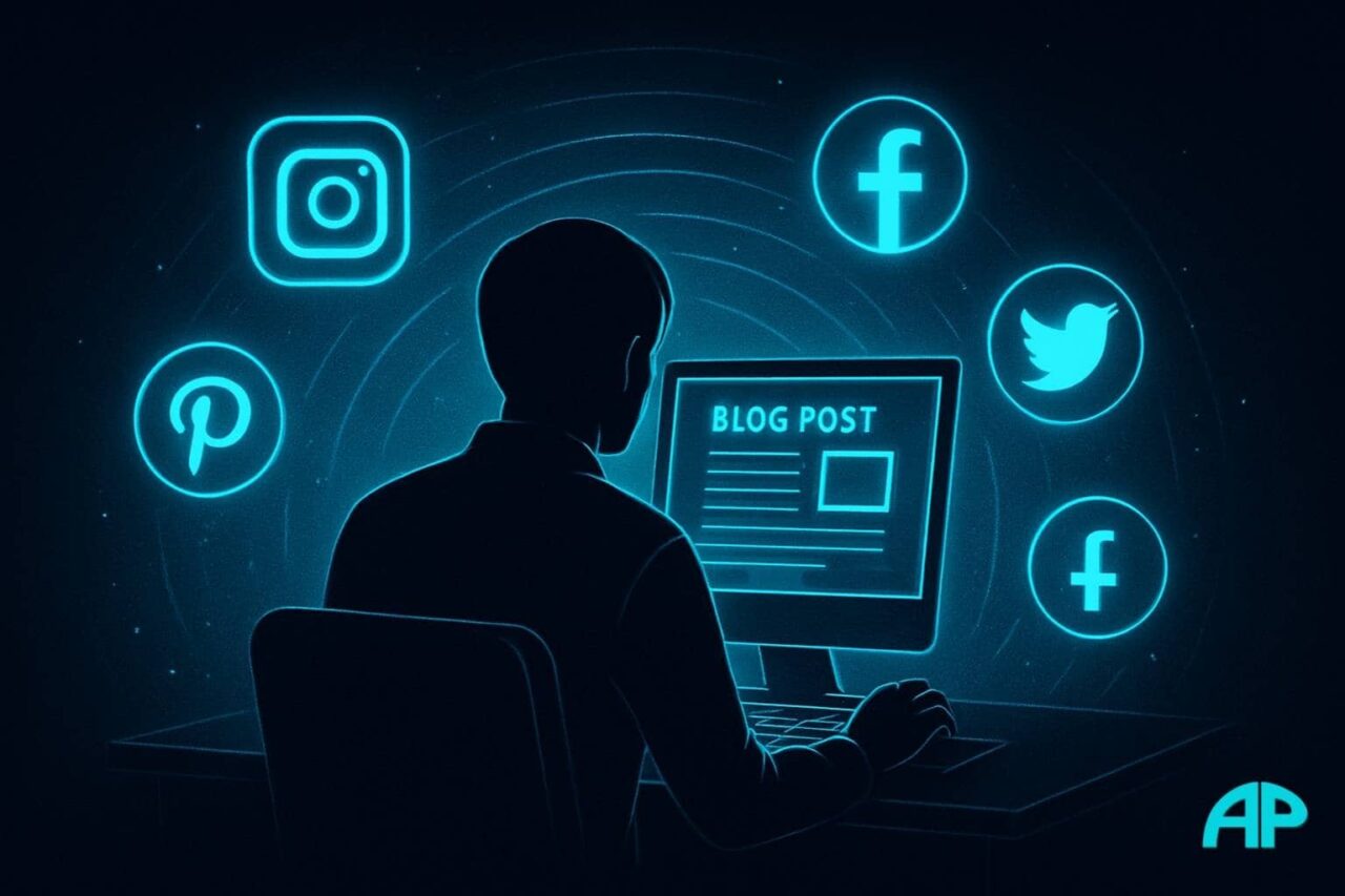 A blogger shares their latest blogging for beginners post on social media, surrounded by glowing platform icons.