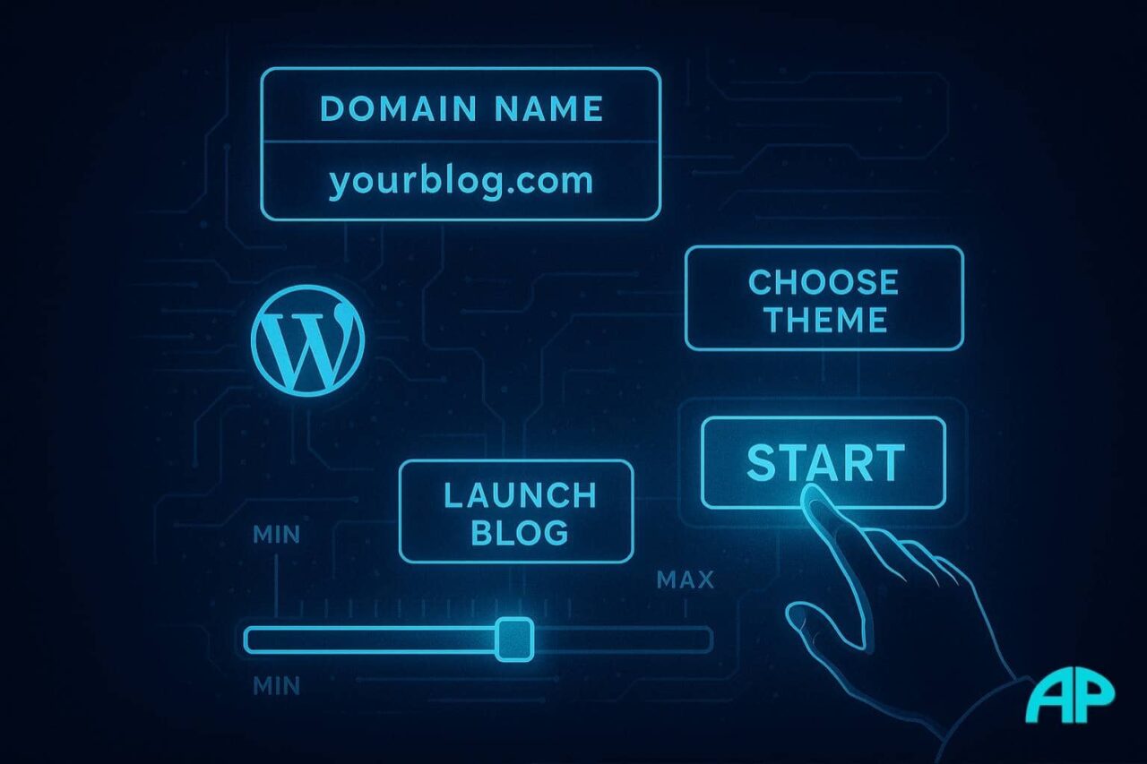 A futuristic interface walks a beginner through blog setup tasks like domain registration, hosting, and WordPress installation.