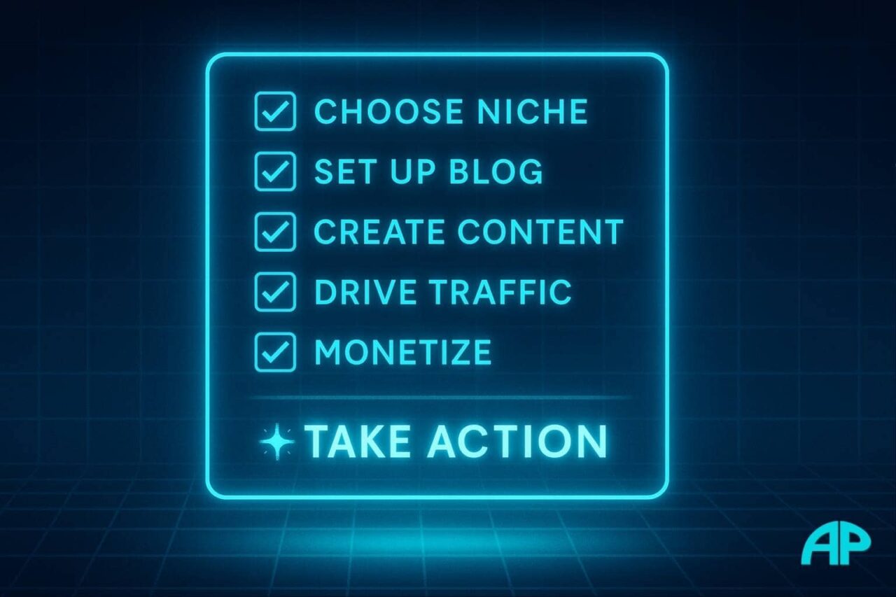 A futuristic checklist with glowing checkmarks and a pulsing “Take Action” message, set on a digital grid.