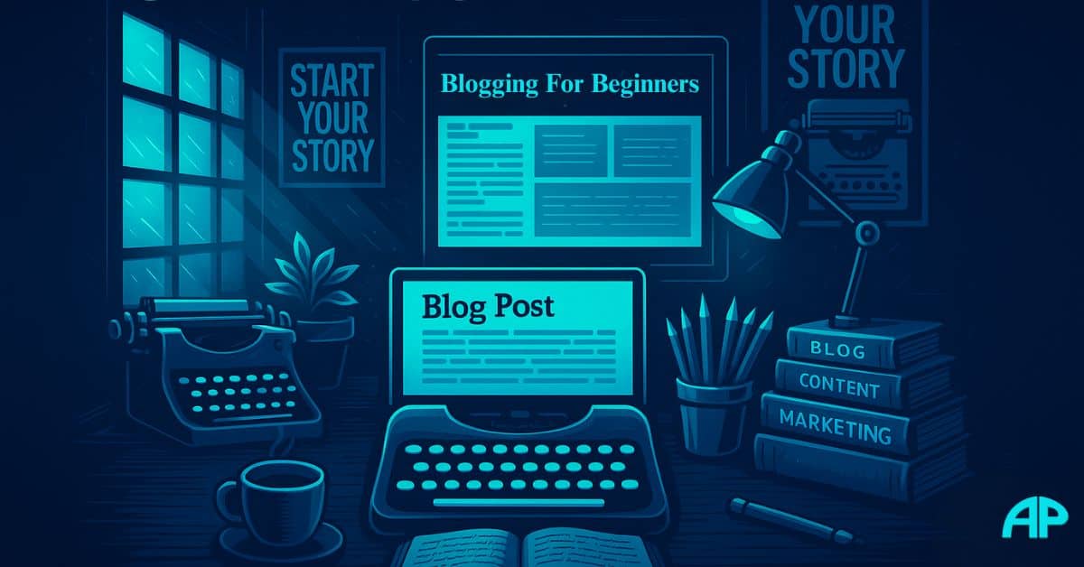 A neon-lit digital workspace for blogging beginners, featuring a glowing laptop with “Blog Post” on screen, a typewriter, a coffee mug, writing tools, and stacked books titled Blog, Content, and Marketing.