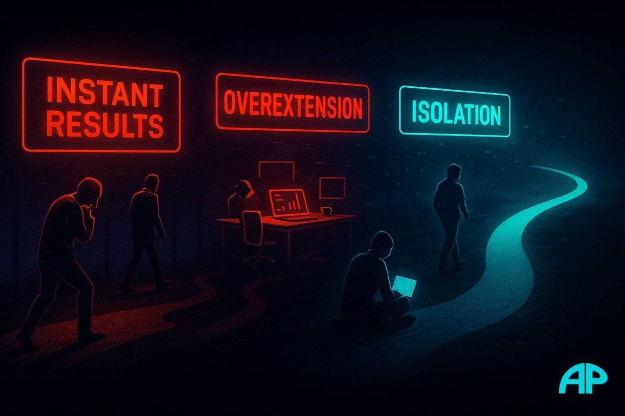 A digital nomad chooses a glowing turquoise path over red warning routes labeled “Instant Results,” “Overextension,” and “Isolation” in a dark cyberpunk landscape.
