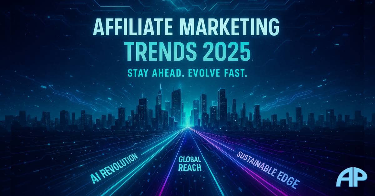 Affiliate Marketing Trends 2025: The Future Starts Here Affiliate marketing trends 2025 visualized through a futuristic neon cityscape with AI, influencer marketing, and global growth pathways.