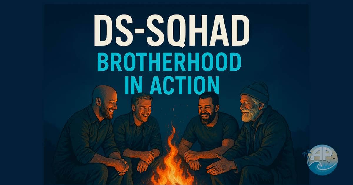 Four men of different ages gathered around a campfire at night, smiling and connecting in deep conversation beneath bold text that reads “DS-SQUAD: Brotherhood in Action.” A powerful visual symbolizing the unity and strength of the DSS Brotherhood.