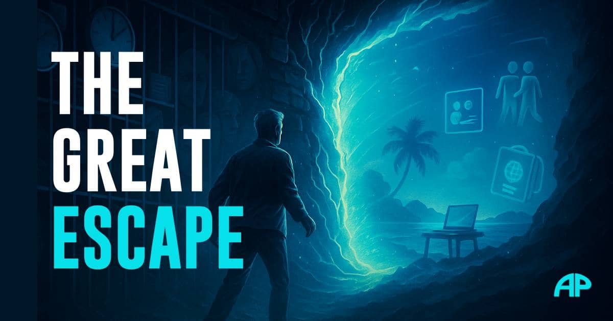 escape the retirement prison A man in his 50s escapes the retirement prison, walking through a digital portal toward freedom, travel, and self-reinvention.