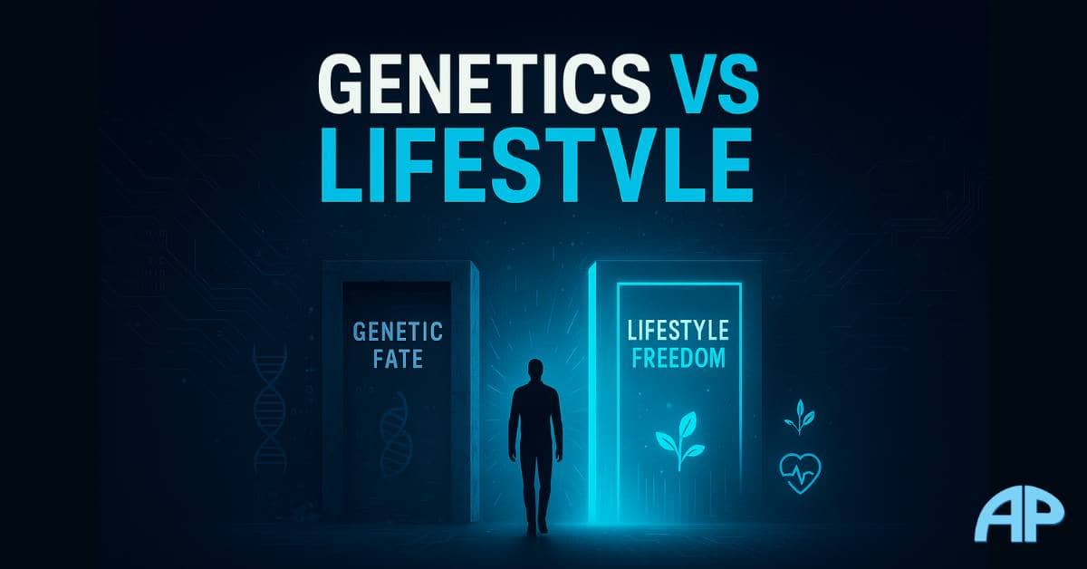 Genetics vs Lifestyle: The Choice Is Yours A digital illustration showing a human figure standing between two glowing doorways labeled Genetic Fate and Lifestyle Freedom, symbolizing the choice between DNA and daily habits. The image highlights the genetics vs lifestyle debate with a futuristic blue-toned design.