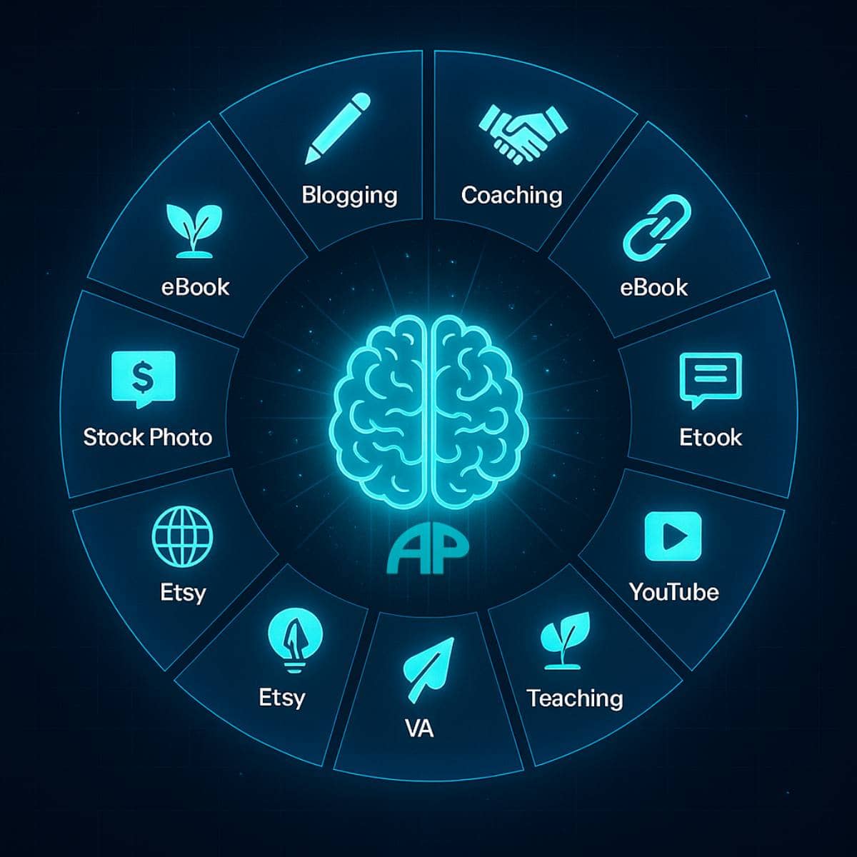 Futuristic infographic wheel displaying ten digital income streams, connected by electric arcs and centered around a glowing turquoise brain.