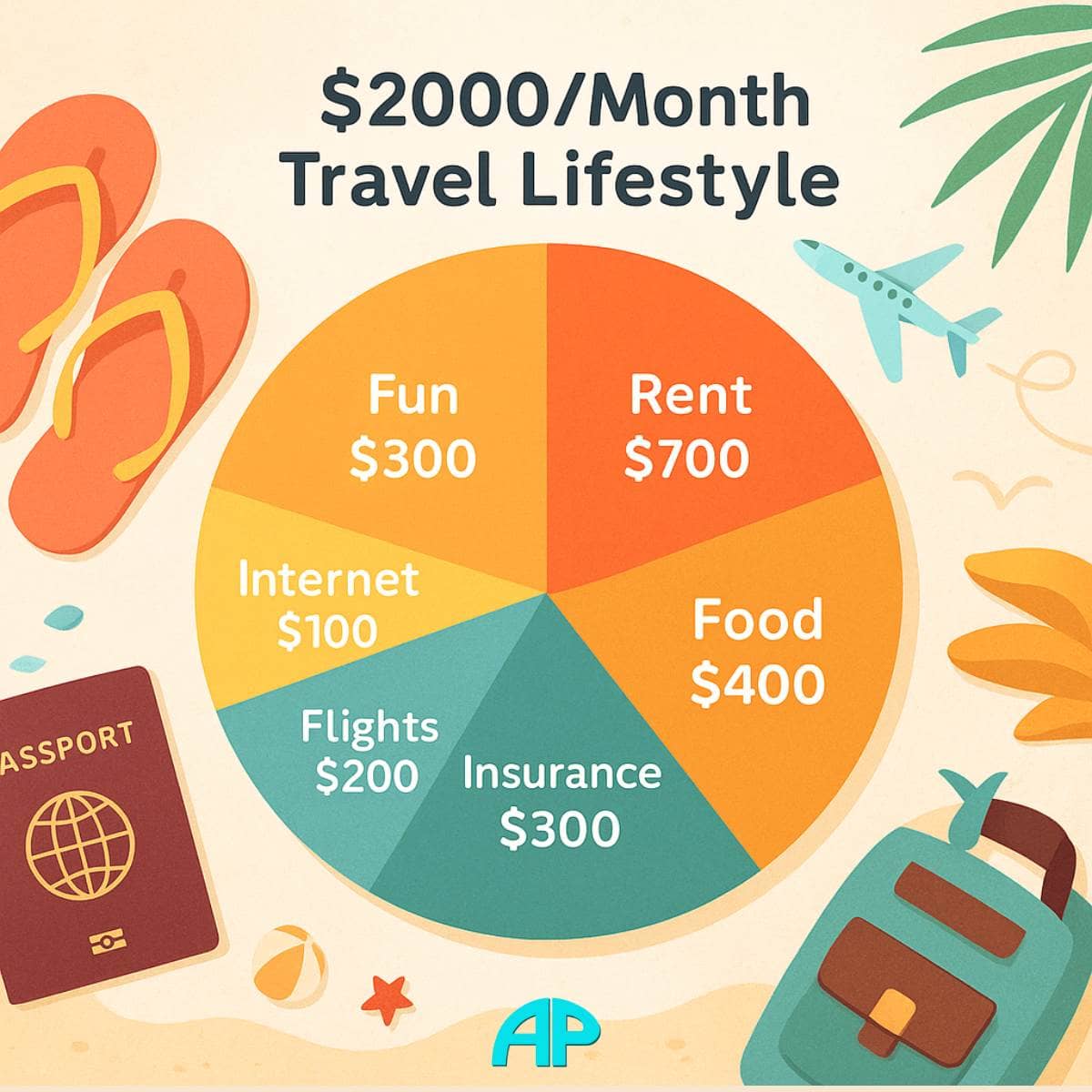 Pie chart titled “$2000/Month Travel Lifestyle” showing a realistic monthly budget for retirees living abroad.